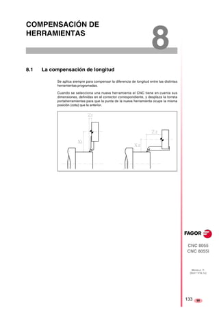 CNC 8055 
CNC 8055i 
MODELO ·T· 
(SOFT V16.1X) 
99 
COMPENSACIÓN DE 
HERRAMIENTAS 
8 8.1 La compensación de longitud 
Se aplica siempre para compensar la diferencia de longitud entre las distintas 
herramientas programadas. 
Cuando se selecciona una nueva herramienta el CNC tiene en cuenta sus 
dimensiones, definidas en el corrector correspondiente, y desplaza la torreta 
portaherramientas para que la punta de la nueva herramienta ocupe la misma 
posición (cota) que la anterior. 
133 
 