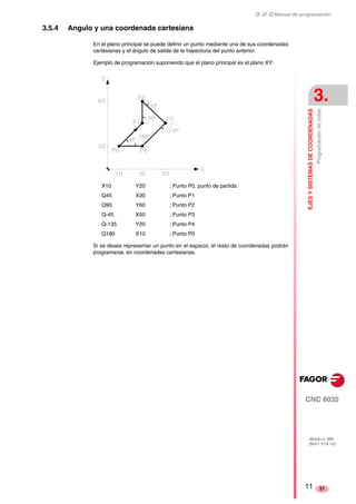 ‡ ‡ ‡ Manual de programación 
EJES Y SISTEMAS DE COORDENADAS 
3. 
Programación de cotas 
CNC 8035 
MODELO ·MS· 
(SOFT V15.1X) 
21 
3.5.4 Angulo y una coordenada cartesiana 
En el plano principal se puede definir un punto mediante una de sus coordenadas 
cartesianas y el ángulo de salida de la trayectoria del punto anterior. 
Ejemplo de programación suponiendo que el plano principal es el plano XY: 
X10 Y20 ; Punto P0, punto de partida 
Q45 X30 ; Punto P1 
Q90 Y60 ; Punto P2 
Q-45 X50 ; Punto P3 
Q-135 Y20 ; Punto P4 
Q180 X10 ; Punto P0 
Si se desea representar un punto en el espacio, el resto de coordenadas podrán 
programarse, en coordenadas cartesianas. 
11 
 