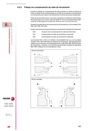 ‡ ‡ ‡ Manual de programación 
8. 
COMPENSACIÓN DE HERRAMIENTAS 
La compensación de radio 
CNC 8055 
CNC 8055i 
MODELO ·T· 
(SOFT V16.1X) 
106 
8.2.3 Trabajo con compensación de radio de herramienta 
Cuando se trabaja con compensación de radio se tienen en cuenta el radio de la 
punta y el factor de forma almacenados en la tabla de correctores correspondiente 
a la herramienta para obtener las dimensiones correctas de la pieza programada. 
Todas las herramientas tienen un corrector asociado (en la tabla de herramientas). 
Para seleccionar otro corrector utilizar el código "D". Si no se ha programado ningún 
corrector, el CNC aplica el corrector D0, con X=0, Z=0, F=0, R=0, I=0 y K=0. 
También es posible definir las dimensiones de la herramienta con las variables TOX, 
TOZ, TOF, TOR, TOI, TOK. 
Existen tres funciones preparatorias para la compensación del radio de herramienta: 
G40 Anulación de la compensación de radio de herramienta. 
G41 Compensación de radio de herramienta a izquierda. 
G42 Compensación de radio de herramienta a derechas. 
Las funciones G41 y G42 son modales e incompatibles entre sí, y son anuladas 
mediante G40, G04 (interrumpir la preparación de bloques), G53 (programación 
respecto a cero máquina), G74 (búsqueda de cero), G66, G68, G69, G83 (ciclos fijos 
de mecanizado), y también en el momento del encendido, después de ejecutarse 
M02, M30 o después de una emergencia o reset. 
Tornos horizontales 
Tornos verticales 
140 
 
