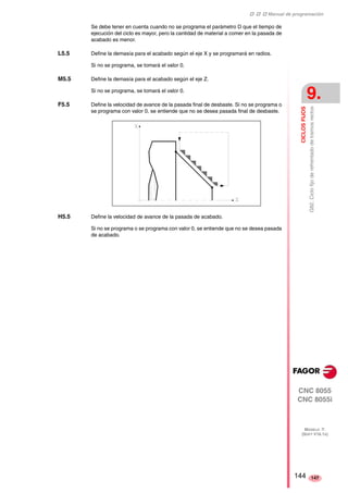 ‡ ‡ ‡ Manual de programación 
CICLOS FIJOS 
9. 
G82. Ciclo fijo de refrentado de tramos rectos 
CNC 8055 
CNC 8055i 
MODELO ·T· 
(SOFT V16.1X) 
147 
Se debe tener en cuenta cuando no se programa el parámetro D que el tiempo de 
ejecución del ciclo es mayor, pero la cantidad de material a comer en la pasada de 
acabado es menor. 
L5.5 Define la demasía para el acabado según el eje X y se programará en radios. 
Si no se programa, se tomará el valor 0. 
M5.5 Define la demasía para el acabado según el eje Z. 
Si no se programa, se tomará el valor 0. 
F5.5 Define la velocidad de avance de la pasada final de desbaste. Si no se programa o 
se programa con valor 0, se entiende que no se desea pasada final de desbaste. 
H5.5 Define la velocidad de avance de la pasada de acabado. 
Si no se programa o se programa con valor 0, se entiende que no se desea pasada 
de acabado. 
144 
 