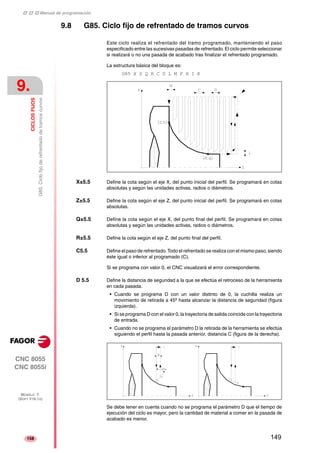 ‡ ‡ ‡ Manual de programación 
9. 
CICLOS FIJOS 
G85. Ciclo fijo de refrentado de tramos curvos 
CNC 8055 
CNC 8055i 
MODELO ·T· 
(SOFT V16.1X) 
158 
9.8 G85. Ciclo fijo de refrentado de tramos curvos 
Este ciclo realiza el refrentado del tramo programado, manteniendo el paso 
especificado entre las sucesivas pasadas de refrentado. El ciclo permite seleccionar 
si realizará o no una pasada de acabado tras finalizar el refrentado programado. 
La estructura básica del bloque es: 
G85 X Z Q R C D L M F H I K 
X±5.5 Define la cota según el eje X, del punto inicial del perfil. Se programará en cotas 
absolutas y según las unidades activas, radios o diámetros. 
Z±5.5 Define la cota según el eje Z, del punto inicial del perfil. Se programará en cotas 
absolutas. 
Q±5.5 Define la cota según el eje X, del punto final del perfil. Se programará en cotas 
absolutas y según las unidades activas, radios o diámetros. 
R±5.5 Define la cota según el eje Z, del punto final del perfil. 
C5.5 Define el paso de refrentado. Todo el refrentado se realiza con el mismo paso, siendo 
éste igual o inferior al programado (C). 
Si se programa con valor 0, el CNC visualizará el error correspondiente. 
D 5.5 Define la distancia de seguridad a la que se efectúa el retroceso de la herramienta 
en cada pasada. 
• Cuando se programa D con un valor distinto de 0, la cuchilla realiza un 
movimiento de retirada a 45º hasta alcanzar la distancia de seguridad (figura 
izquierda). 
• Si se programa D con el valor 0, la trayectoria de salida coincide con la trayectoria 
de entrada. 
• Cuando no se programa el parámetro D la retirada de la herramienta se efectúa 
siguiendo el perfil hasta la pasada anterior, distancia C (figura de la derecha). 
Se debe tener en cuenta cuando no se programa el parámetro D que el tiempo de 
ejecución del ciclo es mayor, pero la cantidad de material a comer en la pasada de 
acabado es menor. 
149 
 