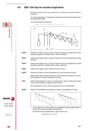 ‡ ‡ ‡ Manual de programación 
9. 
CICLOS FIJOS 
G86. Ciclo fijo de roscado longitudinal 
CNC 8055 
CNC 8055i 
MODELO ·T· 
(SOFT V16.1X) 
162 
9.9 G86. Ciclo fijo de roscado longitudinal 
Este ciclo permite tallar roscas exteriores o interiores en cuerpos cónicos o 
cilíndricos. 
Las roscas a derechas o a izquierdas se programarán indicando el sentido de giro 
del cabezal M03 o M04. 
La estructura básica del bloque es: 
G86 X Z Q R K I B E D L C J A W V M 
X±5.5 Define la cota según el eje X, del punto inicial de la rosca. Se programará en cotas 
absolutas y según las unidades activas, radios o diámetros. 
Z±5.5 Define la cota según el eje Z, del punto inicial de la rosca. Se programará en cotas 
absolutas. 
Q±5.5 Define la cota según el eje X, del punto final de la rosca. Se programará en cotas 
absolutas y según las unidades activas, radios o diámetros. 
R±5.5 Define la cota según el eje Z, del punto final de la rosca. 
K±5.5 Opcional. Se utiliza, junto con el parámetro "W", para el repaso de roscas. 
Define la cota según el eje Z, del punto en que se efectúa la medición de la rosca. 
Normalmente es un punto intermedio de la rosca. 
I±5.5 Define la profundidad de la rosca y se programará en radios. Tendrá valor positivo 
en las roscas exteriores y negativo en las interiores. 
Si se programa con valor 0, el CNC visualizará el error correspondiente. 
B±5.5 Define la profundidad de las pasadas de roscado y se programará en radios. 
• Si se programa con valor positivo, la profundidad de cada pasada estará en 
función del número de pasada correspondiente. 
De esta forma las profundizaciones, según el eje X, son: 
B,B 2,B 3,B 4,…B n 
151 
 
