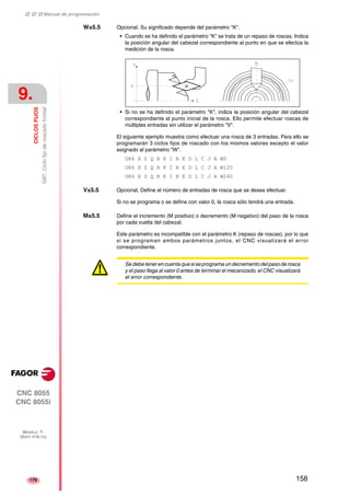 ‡ ‡ ‡ Manual de programación 
9. 
CICLOS FIJOS 
G87. Ciclo fijo de roscado frontal 
CNC 8055 
CNC 8055i 
MODELO ·T· 
(SOFT V16.1X) 
170 
W±5.5 Opcional. Su significado depende del parámetro "K". 
• Cuando se ha definido el parámetro "K" se trata de un repaso de roscas. Indica 
la posición angular del cabezal correspondiente al punto en que se efectúa la 
medición de la rosca. 
• Si no se ha definido el parámetro "K", indica la posición angular del cabezal 
correspondiente al punto inicial de la rosca. Ello permite efectuar roscas de 
múltiples entradas sin utilizar el parámetro "V". 
El siguiente ejemplo muestra como efectuar una rosca de 3 entradas. Para ello se 
programarán 3 ciclos fijos de roscado con los mismos valores excepto el valor 
asignado al parámetro "W". 
G86 X Z Q R K I B E D L C J A W0 
G86 X Z Q R K I B E D L C J A W120 
G86 X Z Q R K I B E D L C J A W240 
V±5.5 Opcional. Define el número de entradas de rosca que se desea efectuar. 
Si no se programa o se define con valor 0, la rosca sólo tendrá una entrada. 
M±5.5 Define el incremento (M positivo) o decremento (M negativo) del paso de la rosca 
por cada vuelta del cabezal. 
Este parámetro es incompatible con el parámetro K (repaso de roscas), por lo que 
si se programan ambos parámetros juntos, el CNC visualizará el error 
correspondiente. 
Se debe tener en cuenta que si se programa un decremento del paso de rosca 
y el paso llega al valor 0 antes de terminar el mecanizado, el CNC visualizará 
el error correspondiente. 
158 
 