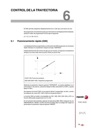 CNC 8035 
MODELO ·MS· 
(SOFT V15.1X) 
47 
6 CONTROL DE LA TRAYECTORIA 
El CNC permite programar desplazamientos de un sólo eje o de varios a la vez. 
Se programarán únicamente los ejes que intervienen en el desplazamiento deseado, 
siendo el orden de programación de los ejes el siguiente: 
X, Y, Z, U, V, W, A, B, C 
6.1 Posicionamiento rápido (G00) 
Los desplazamientos programados a continuación de G00 se ejecutan con el avance 
rápido indicado en el parámetro máquina de ejes "G00FEED". 
Independientemente del número de ejes que se muevan, la trayectoria resultante es 
siempre una línea recta entre el punto inicial y el punto final. 
X100 Y100; Punto de comienzo 
G00 G90 X400 Y300; Trayectoria programada 
Mediante el parámetro máquina general "RAPIDOVR", se puede establecer si el 
conmutador % de avance, cuando se trabaje en G00, actúa del 0% al 100%, o queda 
fijado al 100%. 
Al programar la función G00, no se anula la última F programada, es decir, cuando 
se programa de nuevo G01, G02 ó G03 se recuperará dicha F. 
La función G00 es modal e incompatible con G01, G02, G03, G33, G34 y G75. La 
función G00 puede programarse con G o G0. 
En el momento del encendido, después de ejecutarse M02, M30 o después de una 
EMERGENCIA o RESET, el CNC asumirá el código G00 o el código G01 según se 
personalice el parámetro máquina general "IMOVE". 
14 
 