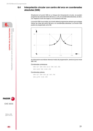 ‡ ‡ ‡ Manual de programación 
6. 
CONTROL DE LA TRAYECTORIA 
(G06) 
Interpolación circular con centro del arco en coordenadas absolutas 
CNC 8035 
MODELO ·MS· 
(SOFT V15.1X) 
54 
6.4 Interpolación circular con centro del arco en coordenadas 
absolutas (G06) 
Añadiendo la función G06 en un bloque de interpolación circular, se pueden 
programar las cotas del centro del arco (I, J o K), en coordenadas absolutas, es decir, 
con respecto al cero de origen y no al comienzo del arco. 
La función G06 no es modal, por lo tanto deberá programarse siempre que se desee 
indicar las cotas del centro del arco, en coordenadas absolutas. La función G06 
puede ser programada como G6. 
A continuación se analizan diversos modos de programación, siendo el punto inicial 
X60 Y40. 
Coordenadas cartesianas: 
G90 G17 G06 G03 X110 Y90 I60 J90 
G06 X160 Y40 I160 J90 
Coordenadas polares: 
G90 G17 G06 G03 Q0 I60 J90 
G06 Q-90 I160 J90 
21 
 