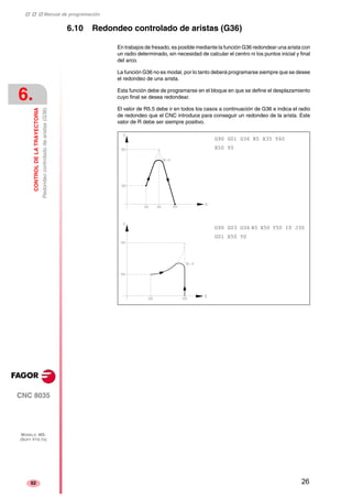 ‡ ‡ ‡ Manual de programación 
6. 
CONTROL DE LA TRAYECTORIA 
Redondeo controlado de aristas (G36) 
CNC 8035 
MODELO ·MS· 
(SOFT V15.1X) 
62 
6.10 Redondeo controlado de aristas (G36) 
En trabajos de fresado, es posible mediante la función G36 redondear una arista con 
un radio determinado, sin necesidad de calcular el centro ni los puntos inicial y final 
del arco. 
La función G36 no es modal, por lo tanto deberá programarse siempre que se desee 
el redondeo de una arista. 
Esta función debe de programarse en el bloque en que se define el desplazamiento 
cuyo final se desea redondear. 
El valor de R5.5 debe ir en todos los casos a continuación de G36 e indica el radio 
de redondeo que el CNC introduce para conseguir un redondeo de la arista. Este 
valor de R debe ser siempre positivo. 
G90 G01 G36 R5 X35 Y60 
X50 Y0 
G90 G03 G36 R5 X50 Y50 I0 J30 
G01 X50 Y0 
26 
 