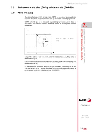 ‡ ‡ ‡ Manual de programación 
FUNCIONES PREPARATORIAS ADICIONALES 
7. 
Trabajo en arista viva (G07) y arista matada (G05,G50) 
CNC 8035 
MODELO ·MS· 
(SOFT V15.1X) 
77 
7.3 Trabajo en arista viva (G07) y arista matada (G05,G50) 
7.3.1 Arista viva (G07) 
Cuando se trabaja en G07 (arista viva), el CNC no comienza la ejecución del 
siguiente bloque del programa, hasta que el eje alcance la posición programada. 
El CNC entiende que se ha alcanzado la posición programada cuando el eje se 
encuentra a una distancia inferior a "INPOSW" (banda de muerte) de la posición 
programada. 
G91 G01 G07 Y70 F100 
X90 
Los perfiles teórico y real coinciden, obteniéndose cantos vivos, tal y como se 
observa en la figura. 
La función G07 es modal e incompatible con G05, G50 y G51. La función G07 puede 
programarse con G7. 
En el momento del encendido, después de ejecutarse M02, M30 o después de una 
EMERGENCIA o RESET, el CNC asumirá el código G05 o el código G07 según se 
personalice el parámetro máquina general "ICORNER". 
28 
 