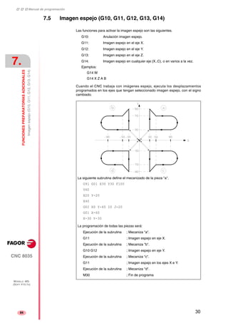 ‡ ‡ ‡ Manual de programación 
7. 
FUNCIONES PREPARATORIAS ADICIONALES 
Imagen espejo (G10, G11, G12, G13, G14) 
CNC 8035 
MODELO ·MS· 
(SOFT V15.1X) 
84 
7.5 Imagen espejo (G10, G11, G12, G13, G14) 
Las funciones para activar la imagen espejo son las siguientes. 
G10: Anulación imagen espejo. 
G11: Imagen espejo en el eje X. 
G12: Imagen espejo en el eje Y. 
G13: Imagen espejo en el eje Z. 
G14: Imagen espejo en cualquier eje (X..C), o en varios a la vez. 
Ejemplos: 
G14 W 
G14 X Z A B 
Cuando el CNC trabaja con imágenes espejo, ejecuta los desplazamientos 
programados en los ejes que tengan seleccionado imagen espejo, con el signo 
cambiado. 
La siguiente subrutina define el mecanizado de la pieza "a". 
G91 G01 X30 Y30 F100 
Y60 
X20 Y-20 
X40 
G02 X0 Y-40 I0 J-20 
G01 X-60 
X-30 Y-30 
La programación de todas las piezas será: 
Ejecución de la subrutina ; Mecaniza "a". 
G11 ; Imagen espejo en eje X. 
Ejecución de la subrutina ; Mecaniza "b". 
G10 G12 ; Imagen espejo en eje Y. 
Ejecución de la subrutina ; Mecaniza "c". 
G11 ; Imagen espejo en los ejes X e Y. 
Ejecución de la subrutina ; Mecaniza "d". 
M30 ; Fin de programa 
30 
 