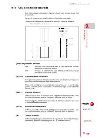 ‡ ‡ ‡ Manual de programación 
CICLOS FIJOS 
9. 
G85. Ciclo fijo de escariado 
CNC 8035 
MODELO ·MS· 
(SOFT V15.1X) 
143 
9.11 G85. Ciclo fijo de escariado 
Este ciclo realiza un escariado en el punto indicado hasta alcanzar la cota final 
programada. 
Se permite programar una temporización en el fondo del mecanizado. 
Trabajando en coordenadas cartesianas, la estructura básica del bloque es: 
G85 G98/G99 X Y Z I K 
[ G98/G99 ] Plano de retroceso 
G98 Retroceso de la herramienta hasta el Plano de Partida, una vez 
realizado el escariado del agujero. 
G99 Retroceso de la herramienta hasta el Plano de Referencia, una vez 
realizado el escariado del agujero. 
[ X/Y±5.5 ] Coordenadas de mecanizado 
Son opcionales y definen el desplazamiento, de los ejes del plano principal para 
posicionar la herramienta en el punto del mecanizado. 
Dicho punto podrá programarse en coordenadas cartesianas o en coordenadas 
polares, y las cotas podrán ser absolutas o incrementales, según se esté trabajando 
en G90 o G91. 
[ Z±5.5 ] Plano de referencia 
Define la cota del plano de referencia, podrá programarse en cotas absolutas o bien 
en cotas incrementales, en cuyo caso estará referido al plano de partida. 
Si no se programa, el CNC tomará como plano de referencia la posición que ocupa 
la herramienta en dicho momento. 
[ I±5.5 ] Profundidad del escariado 
Define la profundidad del escariado, podrá programarse en cotas absolutas o bien 
en cotas incrementales, en cuyo caso estará referida al plano de referencia. 
[ K5 ] Tiempo de espera 
Define el tiempo de espera, en centésimas de segundo, tras el escariado, hasta que 
comienza el retroceso. Si no se programa, el CNC tomará el valor K0. 
53 
 