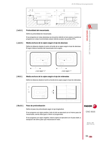 ‡ ‡ ‡ Manual de programación 
CICLOS FIJOS 
9. 
G87. Ciclo fijo de cajera rectangular 
CNC 8035 
MODELO ·MS· 
(SOFT V15.1X) 
149 
[ I±5.5 ] Profundidad del mecanizado 
Define la profundidad de mecanizado. 
Si se programa en cotas absolutas se encuentra referido al cero pieza y cuando se 
programa en cotas incrementales estará referido al plano de partida (P.P.). 
[ J±5.5 ] Media anchura de la cajera según el eje de abscisas 
Define la distancia desde el centro al borde de la cajera según el eje de abscisas. 
El signo indica el sentido del mecanizado de la cajera. 
J con signo "+" J con signo "-" 
[ K5.5 ] Media anchura de la cajera según el eje de ordenadas 
Define la distancia desde el centro al borde de la cajera según el eje de ordenadas. 
[ B±5.5 ] Paso de profundización 
Define el paso de profundizado según el eje longitudinal. 
Si se programa con signo positivo, todo el ciclo se ejecutará con el mismo paso de 
mecanizado, siendo éste igual o inferior al programado. 
Si se programa con signo negativo, toda la cajera se ejecutará con el paso dado, a 
excepción del último paso que mecanizará el resto. 
59 
 