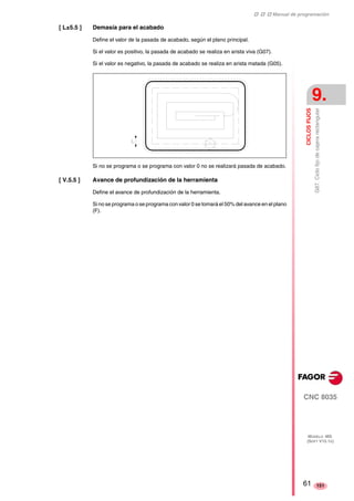 ‡ ‡ ‡ Manual de programación 
CICLOS FIJOS 
9. 
G87. Ciclo fijo de cajera rectangular 
CNC 8035 
MODELO ·MS· 
(SOFT V15.1X) 
151 
[ L±5.5 ] Demasía para el acabado 
Define el valor de la pasada de acabado, según el plano principal. 
Si el valor es positivo, la pasada de acabado se realiza en arista viva (G07). 
Si el valor es negativo, la pasada de acabado se realiza en arista matada (G05). 
Si no se programa o se programa con valor 0 no se realizará pasada de acabado. 
[ V.5.5 ] Avance de profundización de la herramienta 
Define el avance de profundización de la herramienta. 
Si no se programa o se programa con valor 0 se tomará el 50% del avance en el plano 
(F). 
61 
 