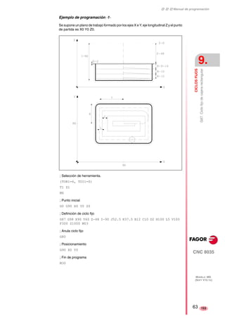 ‡ ‡ ‡ Manual de programación 
CICLOS FIJOS 
9. 
G87. Ciclo fijo de cajera rectangular 
CNC 8035 
MODELO ·MS· 
(SOFT V15.1X) 
153 
Ejemplo de programación ·1· 
Se supone un plano de trabajo formado por los ejes X e Y, eje longitudinal Z y el punto 
de partida es X0 Y0 Z0. 
; Selección de herramienta. 
(TOR1=6, TOI1=0) 
T1 D1 
M6 
; Punto inicial 
G0 G90 X0 Y0 Z0 
; Definición de ciclo fijo 
G87 G98 X90 Y60 Z-48 I-90 J52.5 K37.5 B12 C10 D2 H100 L5 V100 
F300 S1000 M03 
; Anula ciclo fijo 
G80 
; Posicionamiento 
G90 X0 Y0 
; Fin de programa 
M30 
63 
 
