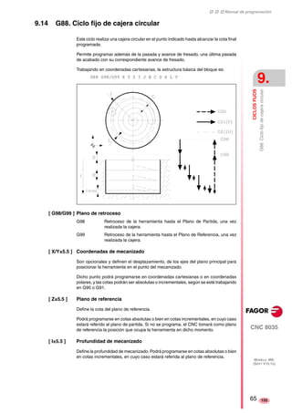 ‡ ‡ ‡ Manual de programación 
CICLOS FIJOS 
9. 
G88. Ciclo fijo de cajera circular 
CNC 8035 
MODELO ·MS· 
(SOFT V15.1X) 
155 
9.14 G88. Ciclo fijo de cajera circular 
Este ciclo realiza una cajera circular en el punto indicado hasta alcanzar la cota final 
programada. 
Permite programar además de la pasada y avance de fresado, una última pasada 
de acabado con su correspondiente avance de fresado. 
Trabajando en coordenadas cartesianas, la estructura básica del bloque es: 
G88 G98/G99 X Y Z I J B C D H L V 
[ G98/G99 ] Plano de retroceso 
G98 Retroceso de la herramienta hasta el Plano de Partida, una vez 
realizada la cajera. 
G99 Retroceso de la herramienta hasta el Plano de Referencia, una vez 
realizada la cajera. 
[ X/Y±5.5 ] Coordenadas de mecanizado 
Son opcionales y definen el desplazamiento, de los ejes del plano principal para 
posicionar la herramienta en el punto del mecanizado. 
Dicho punto podrá programarse en coordenadas cartesianas o en coordenadas 
polares, y las cotas podrán ser absolutas o incrementales, según se esté trabajando 
en G90 o G91. 
[ Z±5.5 ] Plano de referencia 
Define la cota del plano de referencia. 
Podrá programarse en cotas absolutas o bien en cotas incrementales, en cuyo caso 
estará referido al plano de partida. Si no se programa, el CNC tomará como plano 
de referencia la posición que ocupa la herramienta en dicho momento. 
[ I±5.5 ] Profundidad de mecanizado 
Define la profundidad de mecanizado. Podrá programarse en cotas absolutas o bien 
en cotas incrementales, en cuyo caso estará referida al plano de referencia. 
65 
 