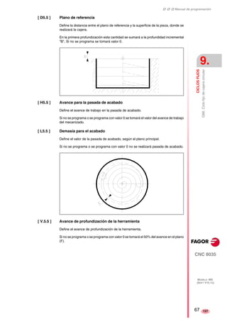 ‡ ‡ ‡ Manual de programación 
CICLOS FIJOS 
9. 
G88. Ciclo fijo de cajera circular 
CNC 8035 
MODELO ·MS· 
(SOFT V15.1X) 
157 
[ D5.5 ] Plano de referencia 
Define la distancia entre el plano de referencia y la superficie de la pieza, donde se 
realizará la cajera. 
En la primera profundización esta cantidad se sumará a la profundidad incremental 
"B". Si no se programa se tomará valor 0. 
[ H5.5 ] Avance para la pasada de acabado 
Define el avance de trabajo en la pasada de acabado. 
Si no se programa o se programa con valor 0 se tomará el valor del avance de trabajo 
del mecanizado. 
[ L5.5 ] Demasía para el acabado 
Define el valor de la pasada de acabado, según el plano principal. 
Si no se programa o se programa con valor 0 no se realizará pasada de acabado. 
[ V.5.5 ] Avance de profundización de la herramienta 
Define el avance de profundización de la herramienta. 
Si no se programa o se programa con valor 0 se tomará el 50% del avance en el plano 
(F). 
67 
 