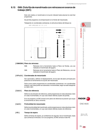 ‡ ‡ ‡ Manual de programación 
CICLOS FIJOS 
9. 
(G01) 
G89. Ciclo fijo de mandrinado con retroceso en avance de trabajo 
CNC 8035 
MODELO ·MS· 
(SOFT V15.1X) 
161 
9.15 G89. Ciclo fijo de mandrinado con retroceso en avance de 
trabajo (G01) 
Este ciclo realiza un mandrinado en el punto indicado hasta alcanzar la cota final 
programada. 
Se permite programar una temporización en el fondo del mecanizado. 
Trabajando en coordenadas cartesianas, la estructura básica del bloque es: 
G89 G98/G99 X Y Z I K 
[ G98/G99 ] Plano de retroceso 
G98 Retroceso de la herramienta hasta el Plano de Partida, una vez 
realizado el mandrinado del agujero. 
G99 Retroceso de la herramienta hasta el Plano de Referencia, una vez 
realizado el mandrinado del agujero. 
[ X/Y±5.5 ] Coordenadas de mecanizado 
Son opcionales y definen el desplazamiento, de los ejes del plano principal para 
posicionar la herramienta en el punto del mecanizado. 
Dicho punto podrá programarse en coordenadas cartesianas o en coordenadas 
polares, y las cotas podrán ser absolutas o incrementales, según se esté trabajando 
en G90 o G91. 
[ Z±5.5 ] Plano de referencia 
Define la cota del plano de referencia, podrá programarse en cotas absolutas o bien 
en cotas incrementales, en cuyo caso estará referido al plano de partida. 
Si no se programa, el CNC tomará como plano de referencia la posición que ocupa 
la herramienta en dicho momento. 
[ I±5.5 ] Profundidad de mecanizado 
Define la profundidad del mandrinado, podrá programarse en cotas absolutas o bien 
en cotas incrementales, en cuyo caso estará referida al plano de referencia. 
[ K5 ] Tiempo de espera 
Define el tiempo de espera, en centésimas de segundo, tras el mandrinado, hasta 
que comienza el retroceso. Si no se programa, el CNC tomará el valor K0. 
71 
 