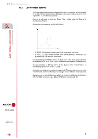 ‡ ‡ ‡ Manual de programación 
3. 
EJES Y SISTEMAS DE COORDENADAS 
Programación de cotas 
CNC 8035 
MODELO ·MS· 
(SOFT V15.1X) 
18 
3.5.2 Coordenadas polares 
En el caso de existir elementos circulares o dimensiones angulares, las coordenadas 
de los diferentes puntos en el plano (2 ejes a la vez) puede resultar más conveniente 
expresarlos en Coordenadas polares. 
El punto de referencia se denomina Origen Polar y será el origen del Sistema de 
Coordenadas Polares. 
Un punto en dicho sistema vendrá definido por: 
• El RADIO (R) que será la distancia entre el origen polar y el punto. 
• El ANGULO (Q) que será el formado por el eje de abscisas y la línea que une 
el origen polar con el punto. (En grados). 
Cuando se trabaja en G90 los valores de R y Q serán cotas absolutas y su formato 
de programación es R5.5 Q±5.5. El valor asignado al radio debe ser siempre positivo. 
Cuando se trabaja en G91 los valores de R y Q serán cotas incrementales y su 
formato de programación es R±5.5 Q±5.5. 
Aunque se permite programar valores negativos de R cuando se programa en cotas 
incrementales, el valor resultante que se le asigne al radio debe ser siempre positivo. 
Si se programa un valor de Q superior a 360º, se tomará el módulo tras dividirlo entre 
360. Así Q420 es lo mismo que Q60, y Q-420 es lo mismo que Q-60. 
8 
 