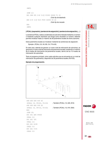 ‡ ‡ ‡ Manual de programación 
SENTENCIAS DE CONTROL DE LOS PROGRAMAS 
14. 
Sentencias de subrutinas 
CNC 8035 
MODELO ·MS· 
(SOFT V15.1X) 
355 
(RET) 
(SUB 11) 
G81 G98 G91 Z-8 I-22 F1000 S5000 T1 D1 
( PCALL (expresión), (sentencia de asignación), (sentencia de asignación), ... ) 
La sentencia PCALL realiza una llamada a la subrutina indicada mediante un número 
o mediante cualquier expresión que tenga como resultado un número. Además 
permite inicializar hasta un máximo de 26 parámetros locales de dicha subrutina. 
Estos parámetros locales se inicializan mediante las sentencias de asignación. 
Ejemplo: (PCALL 52, A3, B5, C4, P10=20) 
En este caso, además de generar un nuevo nivel de imbricación de subrutinas, se 
generará un nuevo nivel de imbricación de parámetros locales, existiendo un máximo 
de 6 niveles de imbricación de parámetros locales, dentro de los 15 niveles de 
imbricación de subrutinas. 
Tanto el programa principal, como cada subrutina que se encuentre en un nivel de 
imbricación de parámetros, dispondrá de 26 parámetros locales (P0-P25). 
Ejemplo de programación. 
; Ciclo fijo de taladrado 
G84 Z-8 I-22 K15 F500 S2000 T2 D2 
; Ciclo fijo de roscado 
G80 
(RET) 
G90 G00 X30 Y50 Z0 
(PCALL 10, P0=20, P1=10) ; También (PCALL 10, A20, B10) 
G90 G00 X60 Y50 Z0 
(PCALL 10, P0=10, P1=20) ; También (PCALL 10, A10, B20) 
M30 
(SUB 10) 
G91 G01 XP0 F5000 
(CALL 11) 
G91 G01 YP1 
(CALL 11) 
G91 G01 X-P0 
(CALL 11) 
G91 G01 Y-P1 
(CALL 11) 
81 
 