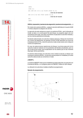 ‡ ‡ ‡ Manual de programación 
14. 
SENTENCIAS DE CONTROL DE LOS PROGRAMAS 
Sentencias de subrutinas 
CNC 8035 
MODELO ·MS· 
(SOFT V15.1X) 
356 
(RET) 
(SUB 11) 
G81 G98 G91 Z-8 I-22 F1000 S5000 T1 D1 
( MCALL (expresión), (sentencia de asignación), (sentencia de asignación), ... ) 
Por medio de la sentencia MCALL, cualquier subrutina definida por el usuario (SUB 
nº entero) adquiere la categoría de ciclo fijo. 
La ejecución de esta sentencia es igual a la sentencia PCALL, pero la llamada es 
modal, es decir, si a continuación de este bloque, se programa algún otro con 
movimiento de los ejes, tras dicho movimiento se ejecutará la subrutina indicada y 
con los mismos parámetros de llamada. 
Si estando seleccionada una subrutina modal se ejecuta un bloque de movimiento 
con número de repeticiones, por ejemplo X10 N3, el CNC ejecutará una única vez 
el desplazamiento (X10), y tras él la subrutina modal, tantas veces como indique el 
número de repeticiones. 
En caso de seleccionarse repeticiones de bloque, la primera ejecución de la 
subrutina modal se realizará con los parámetros de llamada actualizados, pero no 
así el resto de las veces, que se ejecutarán con los valores que en ese momento 
dispongan dichos parámetros. 
Si estando seleccionada una subrutina como modal se ejecuta un bloque que 
contenga la sentencia MCALL, la subrutina actual perderá su modalidad y la nueva 
subrutina seleccionada se convertirá en modal. 
( MDOFF ) 
La sentencia MDOFF indica que la modalidad que había adquirido una subrutina con 
la sentencia MCALL o un programa pieza con MEXEC, finaliza en dicho bloque. 
La utilización de subrutinas modales simplifica la programación. 
Ejemplo de programación. 
; Ciclo fijo de taladrado 
G84 Z-8 I-22 K15 F500 S2000 T2 D2 
; Ciclo fijo de roscado 
G80 
(RET) 
82 
 