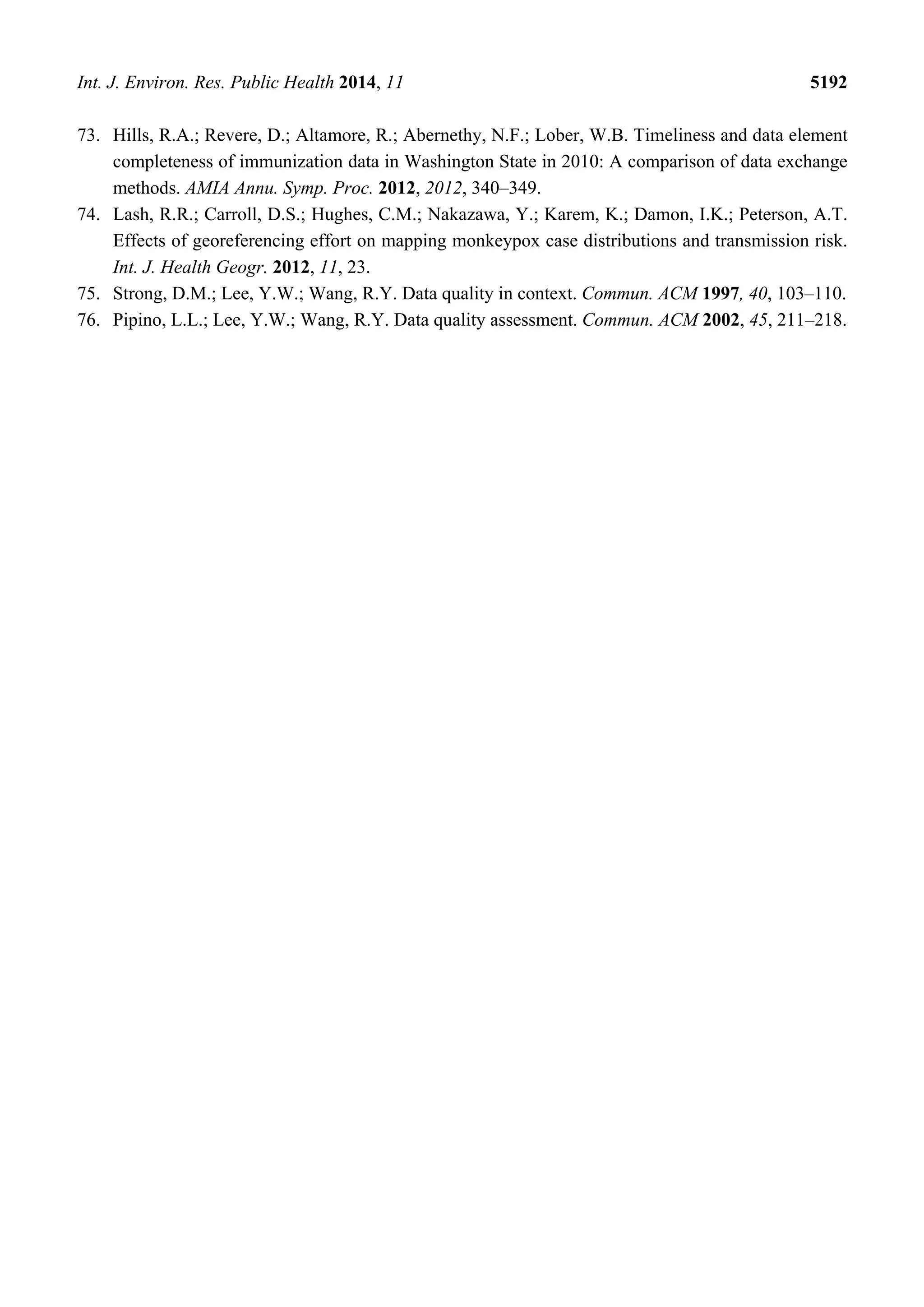Int. J. Environ. Res. Public Health 2014, 11 5192
73. Hills, R.A.; Revere, D.; Altamore, R.; Abernethy, N.F.; Lober, W.B. Timeliness and data element
completeness of immunization data in Washington State in 2010: A comparison of data exchange
methods. AMIA Annu. Symp. Proc. 2012, 2012, 340–349.
74. Lash, R.R.; Carroll, D.S.; Hughes, C.M.; Nakazawa, Y.; Karem, K.; Damon, I.K.; Peterson, A.T.
Effects of georeferencing effort on mapping monkeypox case distributions and transmission risk.
Int. J. Health Geogr. 2012, 11, 23.
75. Strong, D.M.; Lee, Y.W.; Wang, R.Y. Data quality in context. Commun. ACM 1997, 40, 103–110.
76. Pipino, L.L.; Lee, Y.W.; Wang, R.Y. Data quality assessment. Commun. ACM 2002, 45, 211–218.
 