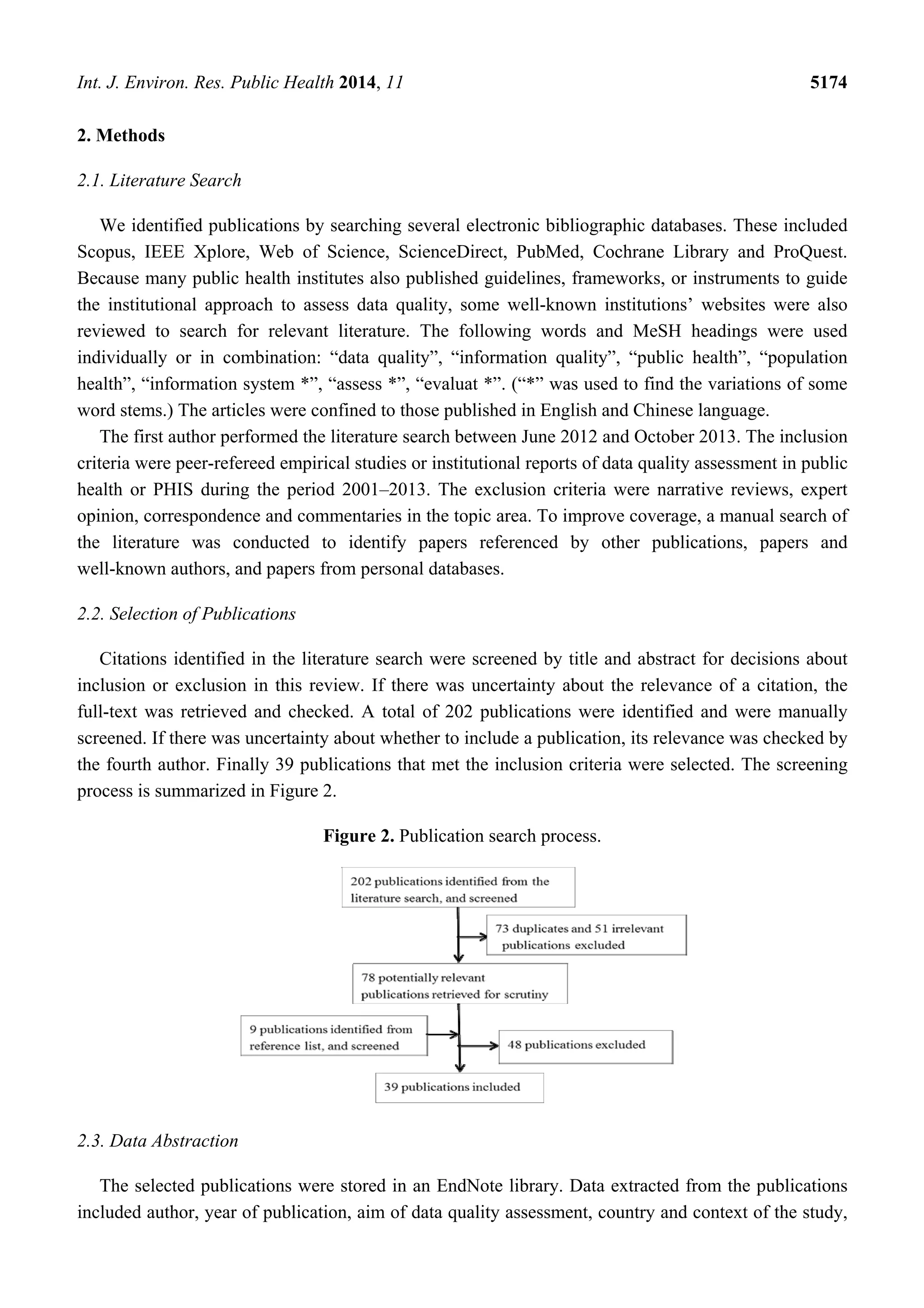 Int. J. Environ. Res. Public Health 2014, 11 5174
2. Methods
2.1. Literature Search
We identified publications by searching several electronic bibliographic databases. These included
Scopus, IEEE Xplore, Web of Science, ScienceDirect, PubMed, Cochrane Library and ProQuest.
Because many public health institutes also published guidelines, frameworks, or instruments to guide
the institutional approach to assess data quality, some well-known institutions’ websites were also
reviewed to search for relevant literature. The following words and MeSH headings were used
individually or in combination: “data quality”, “information quality”, “public health”, “population
health”, “information system *”, “assess *”, “evaluat *”. (“*” was used to find the variations of some
word stems.) The articles were confined to those published in English and Chinese language.
The first author performed the literature search between June 2012 and October 2013. The inclusion
criteria were peer-refereed empirical studies or institutional reports of data quality assessment in public
health or PHIS during the period 2001–2013. The exclusion criteria were narrative reviews, expert
opinion, correspondence and commentaries in the topic area. To improve coverage, a manual search of
the literature was conducted to identify papers referenced by other publications, papers and
well-known authors, and papers from personal databases.
2.2. Selection of Publications
Citations identified in the literature search were screened by title and abstract for decisions about
inclusion or exclusion in this review. If there was uncertainty about the relevance of a citation, the
full-text was retrieved and checked. A total of 202 publications were identified and were manually
screened. If there was uncertainty about whether to include a publication, its relevance was checked by
the fourth author. Finally 39 publications that met the inclusion criteria were selected. The screening
process is summarized in Figure 2.
Figure 2. Publication search process.
2.3. Data Abstraction
The selected publications were stored in an EndNote library. Data extracted from the publications
included author, year of publication, aim of data quality assessment, country and context of the study,
 