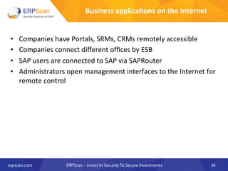 Business	
  applica8ons	
  on	
  the	
  Internet	
  
•  Companies	
  have	
  Portals,	
  SRMs,	
  CRMs	
  remotely	
  accessible	
  
•  Companies	
  connect	
  diﬀerent	
  oﬃces	
  by	
  ESB	
  
•  SAP	
  users	
  are	
  connected	
  to	
  SAP	
  via	
  SAPRouter	
  
•  Administrators	
  open	
  management	
  interfaces	
  to	
  the	
  Internet	
  for	
  
remote	
  control	
  
	
  
15	
  
 