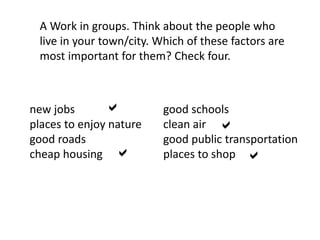 A Work in groups. Think about the people who
live in your town/city. Which of these factors are
most important for them? Check four.
new jobs
places to enjoy nature
good roads
cheap housing
good schools
clean air
good public transportation
places to shop




 