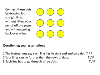 Connect these dots
by drawing four
straight lines,
without lifting your
pencil off the paper
and without going
back over a line.
Questioning your assumptions
1 The instructions say each line has to start and end on a dot. T / F
2 Your lines can go further than the rows of dots. T / F
3 Each line has to go through three dots. T / F
 