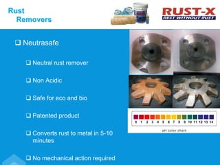  Neutrasafe
 Neutral rust remover
 Non Acidic
 Safe for eco and bio
 Patented product
 Converts rust to metal in 5-10
minutes
 No mechanical action required
Rust
Removers
 