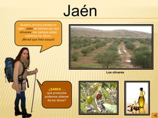 Nuestra primera parada es
Jaén. Jaén es famoso por sus
olivares, los campos están
cubiertos de olivos.
¡Mirad que foto saqué!
Los olivares
Jaén
¿SABES …
qué productos
podemos obtener
de los olivos?
 