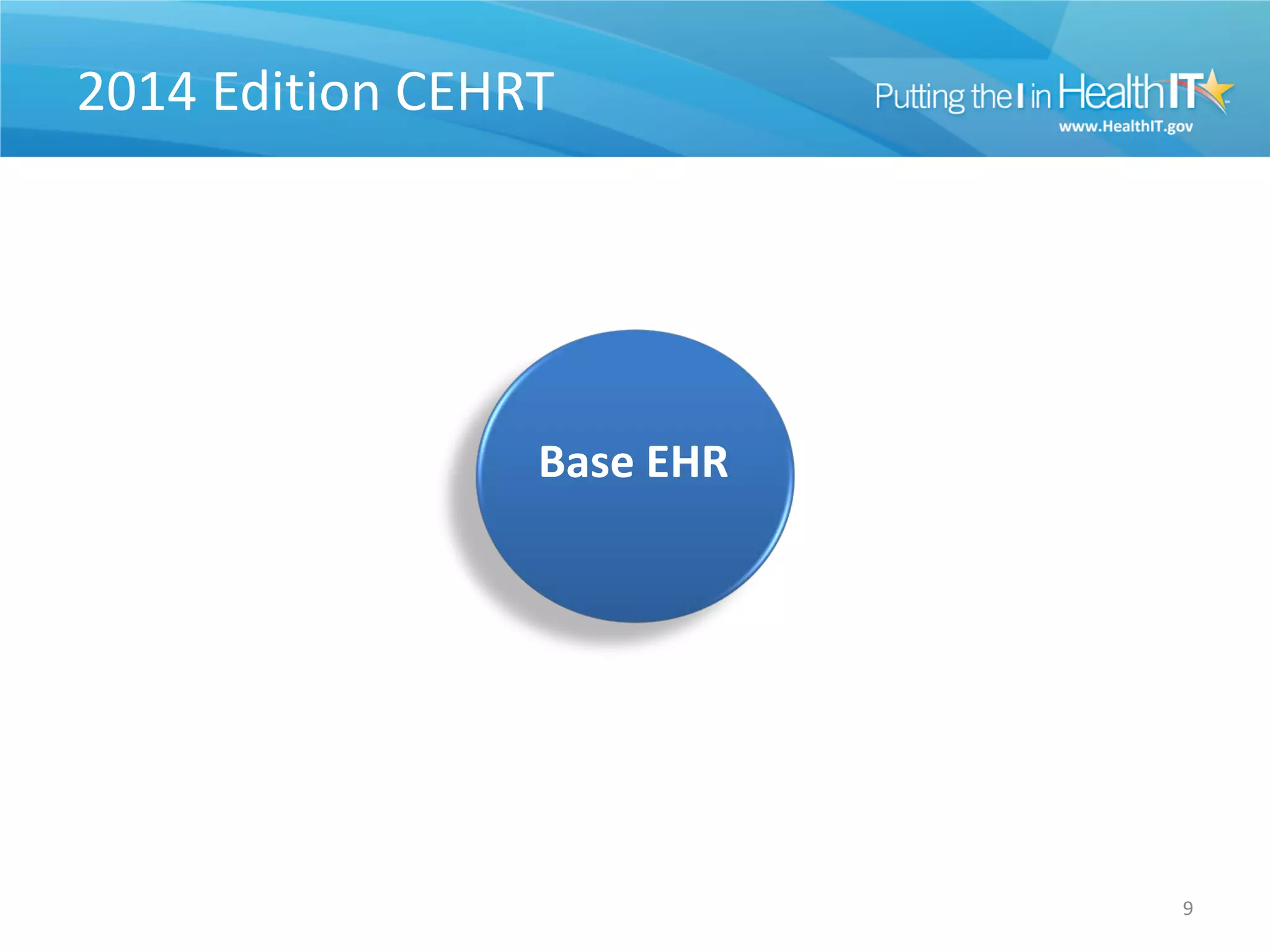 2014 Edition CEHRT




                 Base EHR




                            9
 