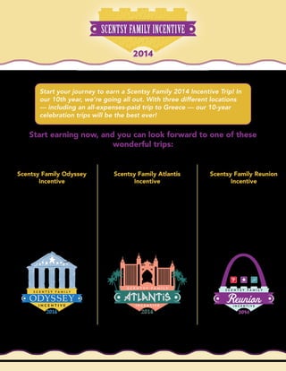 Start earning now, and you can look forward to one of these
wonderful trips:
Scentsy Family Odyssey
Incentive
An all-expenses-paid trip to
Greece! We’ll take 10 Consultants
for every year Scentsy’s been
in business for a total of 100
Consultants. Plus, each top earner
can bring one guest for a land tour
to Athens and surrounding areas,
and a special excursion to one of
the fabulous Greek islands!
Scentsy Family Atlantis
Incentive
Four nights and five days at Atlantis
Resort on Paradise Island in the
Bahamas! We’ll take 1,700 people
to this resort inspired by the lost city
of Atlantis. The exotic Caribbean
location features a can’t-be-missed
waterpark, an incredible spa,
Madison Avenue-style shopping
and highly rated beaches, pools,
and restaurants.
Scentsy Family Reunion
Incentive
   A four-night, five-day all-expenses-
paid trip to Scentsy Family Reunion
2014! This trip will not only include
your registration, but also flights,
lodging, ground transportation,
meals, and an exclusive earners-only
event! Earn the Reunion Incentive
and celebrate our 10-year event in
style!
Trip selection will be based on a first-come, first-served registration, top credit earners choose first. When a location fills, it will be closed and
you may sign up for another open location. No exceptions will be made.
Start your journey to earn a Scentsy Family 2014 Incentive Trip! In
our 10th year, we’re going all out. With three different locations
— including an all-expenses-paid trip to Greece — our 10-year
celebration trips will be the best ever!
 