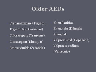  Carbamazepine (Tegretol,
Tegretol XR, Carbatrol)
 Chlorazepate (Tranxene)
 Clonazepam (Klonopin)
 Ethosuximide (Zarontin)
 Phenobarbital
 Phenytoin (Dilantin,
Phenytek
 Valproic acid (Depakene)
 Valproate sodium
(Valproate)
 