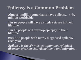  Almost 3 million Americans have epilepsy, > 65
million worldwide
 1 in 10 people will have a single seizure in their
lifetime
 1 in 26 people will develop epilepsy in their
lifetime
 200,000 people with newly diagnosed epilepsy
each year
 Epilepsy is the 4th most common neurological
disorder after stroke, Alzheimer’s and migraine
 
