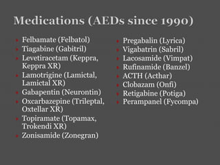  Felbamate (Felbatol)
 Tiagabine (Gabitril)
 Levetiracetam (Keppra,
Keppra XR)
 Lamotrigine (Lamictal,
Lamictal XR)
 Gabapentin (Neurontin)
 Oxcarbazepine (Trileptal,
Oxtellar XR)
 Topiramate (Topamax,
Trokendi XR)
 Zonisamide (Zonegran)
 Pregabalin (Lyrica)
 Vigabatrin (Sabril)
 Lacosamide (Vimpat)
 Rufinamide (Banzel)
 ACTH (Acthar)
 Clobazam (Onfi)
 Retigabine (Potiga)
 Perampanel (Fycompa)
 