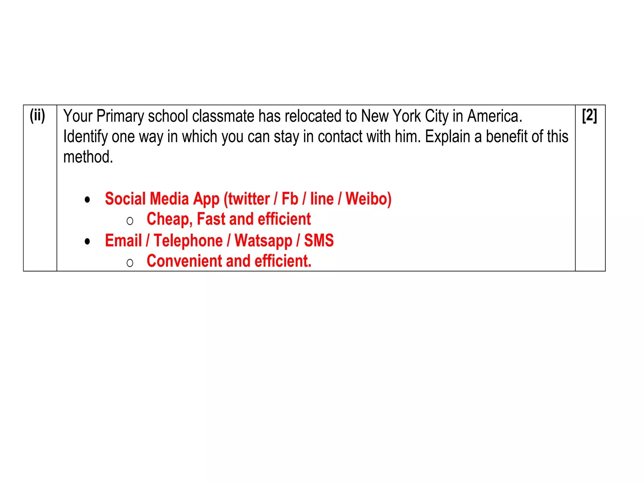 (ii) Your Primary school classmate has relocated to New York City in America. 
Identify one way in which you can stay in contact with him. Explain a benefit of this 
method. 
 Social Media App (twitter / Fb / line / Weibo) 
o Cheap, Fast and efficient 
 Email / Telephone / Watsapp / SMS 
o Convenient and efficient. 
[2] 
 