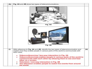 (b) Fig. 4A and 4B show two types of telecommunications. 
Fig. 4A 
Fig. 4B 
(i) With reference to Fig. 4A and 4B, identify the two types of telecommunication and 
explain how they enable people in various parts of the world to communicate with 
each other. 
 Videoconferencing / two-way interaction in Fig. 4A 
 Videoconferencing enables people in various parts of the world to 
communicate with each other by allowing them to see and hear 
other on a screen. 
 Television / one-way interaction in Fig. 4B 
 The television enables people to watch live events from around 
the world 
[4] 
 