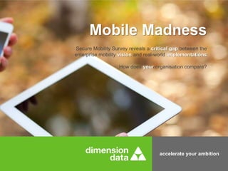 Mobile Madness
Secure Mobility Survey reveals a critical gap between the
enterprise mobility vision and real-world implementations
How does your organisation compare?

accelerate your ambition

 