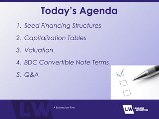 Today’s Agenda
1. Seed Financing Structures
2. Capitalization Tables
3. Valuation
4. BDC Convertible Note Terms
5. Q&A
 