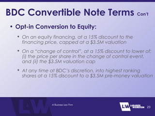 BDC Convertible Note Terms Con’t
• Opt-in Conversion to Equity:
 On an equity financing, at a 15% discount to the
financing price, capped at a $3.5M valuation
 On a “change of control”, at a 15% discount to lower of:
(i) the price per share in the change of control event,
and (ii) the $3.5M valuation cap
 At any time at BDC’s discretion, into highest ranking
shares at a 15% discount to a $3.5M pre-money valuation
23
 