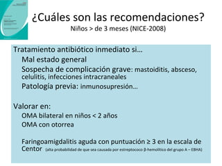 ¿Cuáles son las recomendaciones? 
Niños > de 3 meses (NICE) 
Si se decide no administrar antibióticos: 
Explicar por qué: escaso beneficio clínico y posibilidad de 
efectos adversos 
Dar recomendaciones de volver si empeoramiento 
Si se decide diferir el uso de antibióticos (72 horas): 
Lo mismo 
Dar instrucciones de cuándo y cómo usar antibióticos si se 
han prescrito 
 