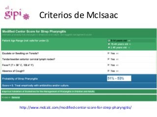 Criterios de McIsaac 
http://www.mdcalc.com/modified-centor-score-for-strep-pharyngitis/ 
 