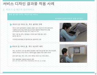 서비스 디자인 결과물 적용 사례
2. 하츠의 숲 8단계 관리서비스
맑은 공기를 가꾸는 ‘하츠의 숲’ 서비스
4개월에 1번씩 하츠의 숲을 만나요~
하츠의 숲 서비스 1. 후드 필터망 교체
후드의 금속 필터망에서 검출된 곰팡이 등의 진균수가 5억 4천마리!!
식중독의 원이 되는 황색 포도상구균과 병원성 대장균까지 검출
(한국화합융합시험연구원 실험/ 3년간 사용한 후드기준)

찌든 기름 때, 먼지, 세균들로 가득한 필터 직접 청소 하지
않아도 됩니다.
더러워진 필터망을 새 필터망으로 깔끔하게 교체

하츠의 숲 서비스 2. 후드 내/외부 세척
후드 내/외부는 요리 할 때마다 발생한 수증기와 음식물 등이 후드에 침투,
세균이 자라는 온상 후드의 기름때 1g당 검출된 세균 38억 마리!!
손이 닿지 않는 후드 내부, 외부 세척도 하츠의 숲 서비스에서…
천연 세정제를 사용하여 꼼꼼히 세척

(후드 내부, 외부, 전면부 테두리, 전면 PC판넬, 테두리 홈, 가스 감지홀)

54

 