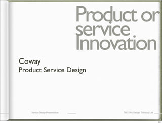 Product or
service
Innovation
Coway
Product Service Design

Service DesignPresentation

THE DNA Design Thinking Lab

61

 