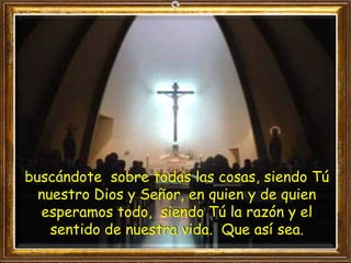 buscándote sobre todas las cosas, siendo Tú
nuestro Dios y Señor, en quien y de quien
esperamos todo, siendo Tú la razón y el
sentido de nuestra vida. Que así sea.
 
