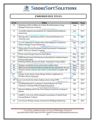 # 3, 4th Floor, Lakshmi Arcade, 11th Cross, Thillai Nagar, Trichy-18
Land Mark (OPP) HDFC Bank, PH: 0431-4040652 Email-info@siddhisoftsolutions.in
20
SIDDHISOFTSOLUTIONS
S.No Titles Month Year
36 Modeling of Driver Behavior in Real World Scenarios Using
Multiple Noninvasive Sensors
Aug 2013
37 A portable platform development for Android-based healthcare
monitoring
Jun 2013
38 Moving cells: a promising solution to boost performance for
vehicular users
Jun 2013
39 A novel Approach for Broken Bar Fault Diagnosis in Induction
Motors through Torque Monitoring
Jun 2013
40 Photovoltaic Power-Increment-Aided Incremental-Conductance
MPPT With Two-Phased Tracking
Jun 2013
41 Robot control design based on smart phone May 2013
42 HMM-based human fall detection and prediction method using tri-
axial accelerometer
May 2013
43 Enabling Mobile Devices for Home Automation Using ZigBee May 2013
44 Distance controlled rescue and security mobile robot May 2013
45 SMS based information retrieval system for low end mobile devices May 2013
46 Wireless remote monitor and control system based on Zigbee and
web
May 2013
47 Energy-Aware Sensor Node Design With Its Application in
Wireless Sensor Networks
May 2013
48 Low cost electricity meter reading system using GSM Apr 2013
49 Coordinated Iterative Learning Control Schemes for Train
Trajectory Tracking With Overspeed Protection
Apr 2013
50 Decision Making and Finite-Time Motion Control for a Group of
Robots
Apr 2013
51 LOBOT: Low-Cost, Self-Contained Localization of Small-Sized
Ground Robotic Vehicles
Apr 2013
52 Low Power Wireless Sensor Network for Building Monitoring Mar 2013
EMBEDDED IEEE TITLES
 