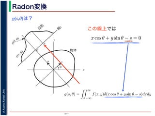 2014
A.Asano,KansaiUniv.
Radon変換
g(s,θ)は？
x
y
θ
s
軸
s
g(s, θ)
u
物体
投
影
0
g(0, θ)
s
図 2: Radon 変換．
この線上では
と表すことができます。同様に，「法線ベクトルが θ 方向で，原点から
る直線を x 方向に s cos θ ，y 方向に s sin θ だけ移動したものですから
(x − s cos θ) cos θ + (y − s sin θ) sin θ =
すなわち
x cos θ + y sin θ − s = 0
を満たします。したがって (3) 式と同様に
g(s, θ) =
∞
−∞
f(x, y)δ(x cos θ + y sin θ − s
が得られます。(6) 式を,2 次元分布 f(x, y) から投影 g(s, θ) への Radon
浅野 晃／画像情報処理（2013 年度春学期） 第１３回 (2013. 7. 3)
y
x
= tan(θ +
π
2
) =
− cos θ
sin θ
を満たしますから，
x cos θ + y sin θ = 0
が得られます。「法線ベクトルが θ 方向で，(x, y) 座標の原点を通る直線に沿って
のうち (2) 式を満たす点の値だけを積分することですから，g(0, θ) はデルタ関数
g(0, θ) =
∞
−∞
f(x, y)δ(x cos θ + y sin θ)dxdy
と表すことができます。同様に，「法線ベクトルが θ 方向で，原点から s だけ離
る直線を x 方向に s cos θ ，y 方向に s sin θ だけ移動したものですから，(2) 式か
(x − s cos θ) cos θ + (y − s sin θ) sin θ = 0
すなわち
x cos θ + y sin θ − s = 0
を満たします。したがって (3) 式と同様に
g(s, θ) =
∞
−∞
f(x, y)δ(x cos θ + y sin θ − s)dxdy
が得られます。(6) 式を,2 次元分布 f(x, y) から投影 g(s, θ) への Radon 変換とよ
 