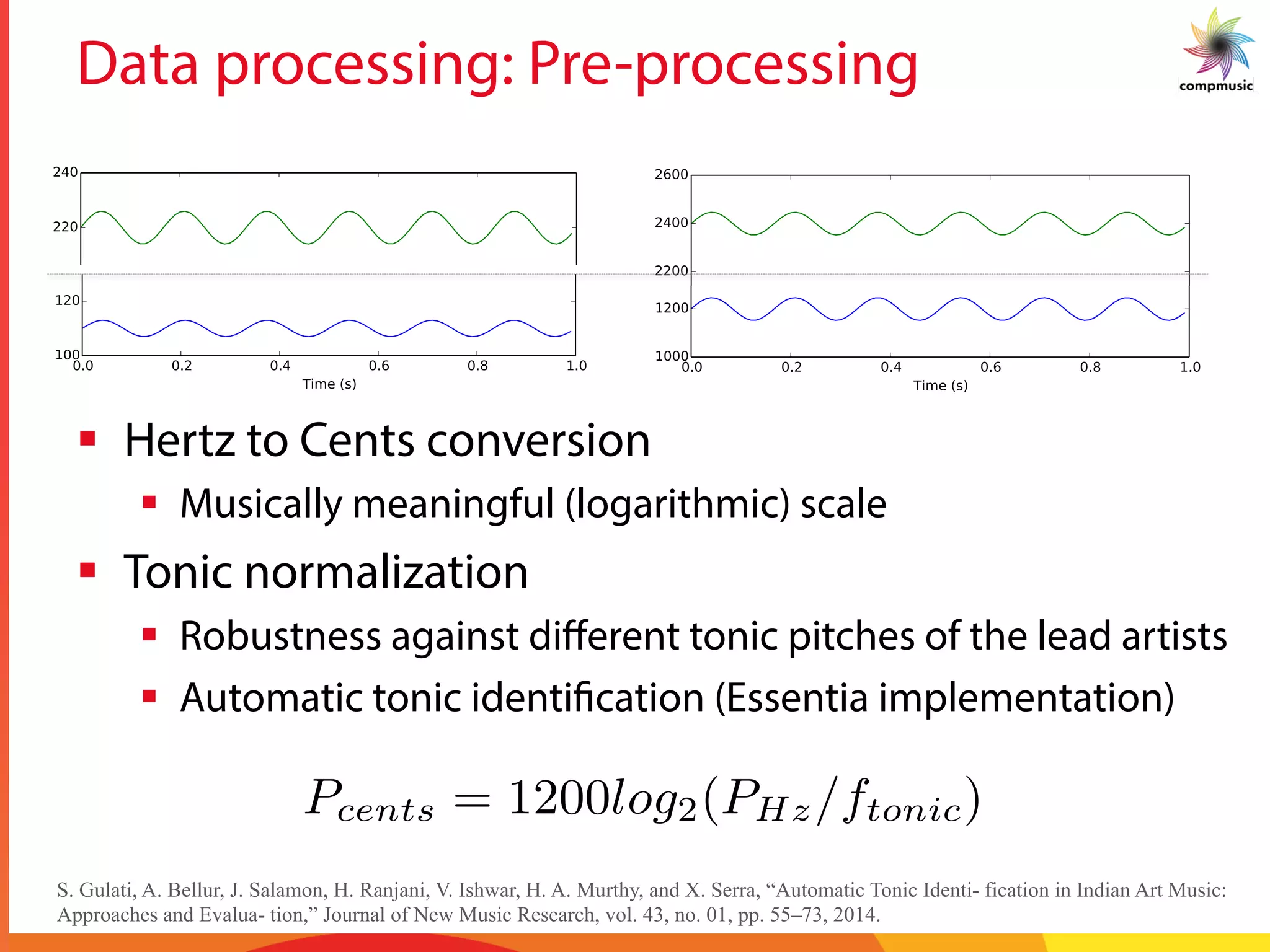 Data processing: Pre-processing
§  Hertz to Cents conversion
§  Musically meaningful (logarithmic) scale
§  Tonic normalization
§  Robustness against diﬀerent tonic pitches of the lead artists
§  Automatic tonic identification (Essentia implementation)
S. Gulati, A. Bellur, J. Salamon, H. Ranjani, V. Ishwar, H. A. Murthy, and X. Serra, “Automatic Tonic Identi- fication in Indian Art Music:
Approaches and Evalua- tion,” Journal of New Music Research, vol. 43, no. 01, pp. 55–73, 2014.
Pcents = 1200log2(PHz/ftonic)
 