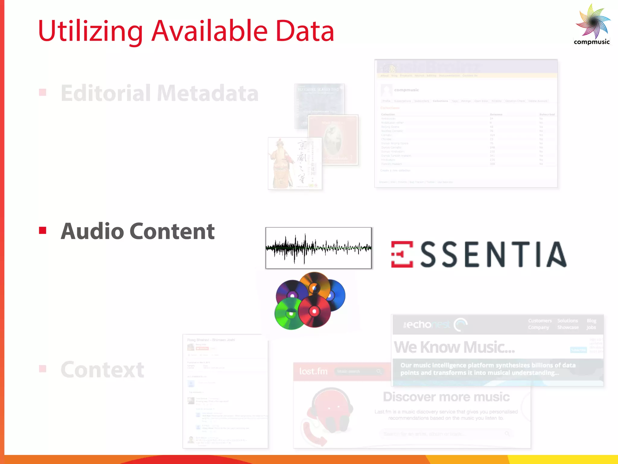 Utilizing Available Data
§  Editorial Metadata
§  Audio Content
§  Context
 