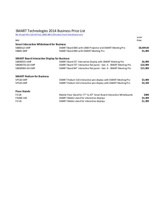 2014 Smart Technologies Business Price List