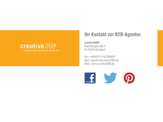 creative360®
Raichbergstraße 7
D-70329 Stuttgart
Fon: +49(0)711-62766901
Mail: agentur@creative360.de
Web: www.creative360.de
Ihr Kontakt zur B2B-Agentur.
 